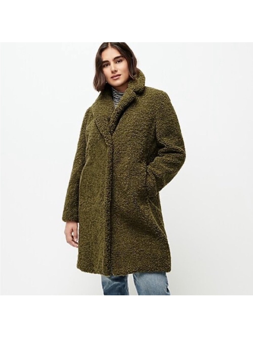 J. Crew Teddy Sherpa Topcoat in Olive Green Size Small Long Coat Fall Winter